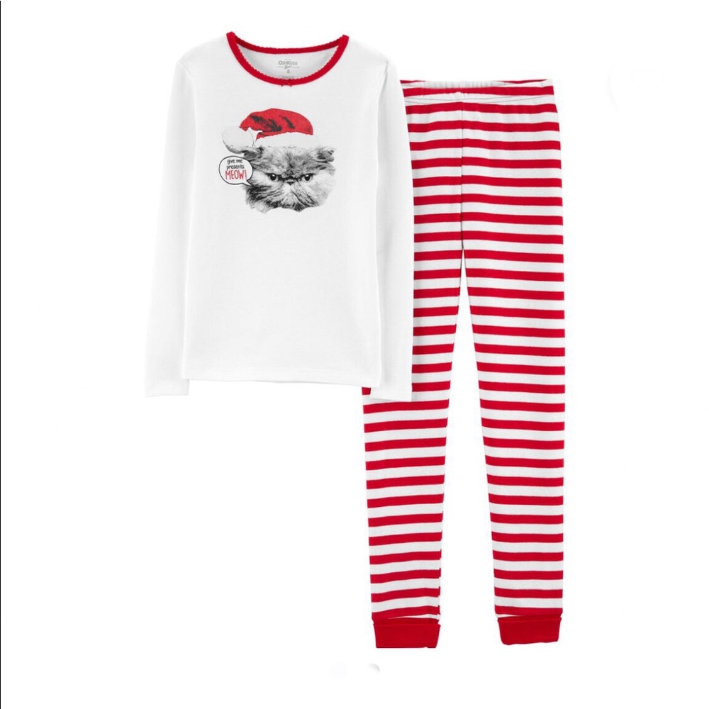 Oshkosh 2-Piece Holiday Pajamas Set Snug Fit Cat Cotton Girls Size 14 New w/Tag